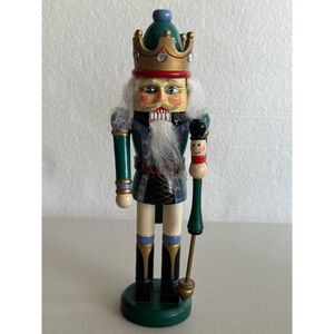 Vintage Nutcracker King Figurine Green Gold 10”